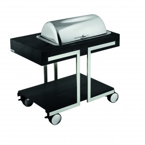 Warming trolley with two chafing dishes in stainless steel and electrical resistances with adjustable thermostats; roll-top covers.