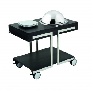 Warming trolley with chafing dish in stainless steel and electrical resistance with adjustable thermostat; roll-top cover.