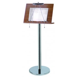 Wood and stainless steel menu stand with lamp.