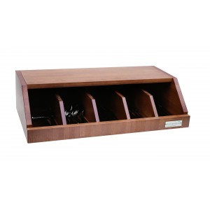 Wood cutlery holder with five compartments.