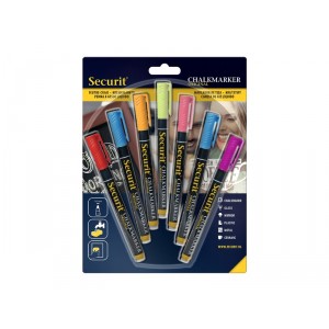 Securit Liquid chalkmarker coloured set of 7 - small 1-2mm Nib - Blister card  - red, blue, yellow, green, pink, orange, Violet