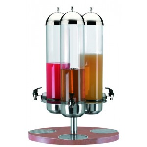 Turning refrigerated fruit juice
dispenser. Stainless steel structure
and wood base. H cm 76 - Ø cm 55 - Lt
5+5+5