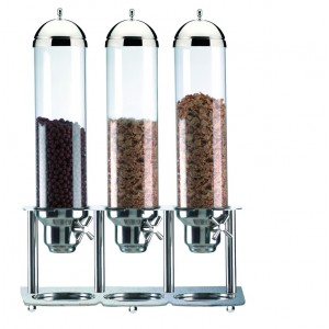 One-portion cereal dispenser.
Stainless steel structure and base. H
cm 70 - L cm 54x18 - Lt 5+5+5