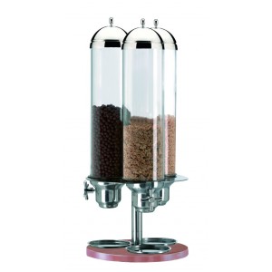 One-portion turning cereal dispenser.
Stainless steel structure and wood
base. H cm 73 - Ø cm 33 - Lt 5+5+5