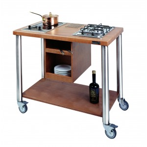 Trolley arranged for 2 cooking hob; Cooking hobs not included.