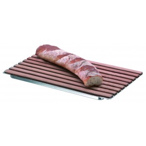 Rectangular wood bread board provided with stainless steel tray.