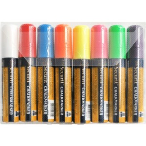 Securit Liquid chalkmarker coloured set of 8 - large 7-15mm Nib - Wallet  - white, red, blue, yellow, green, pink, orange, Violet