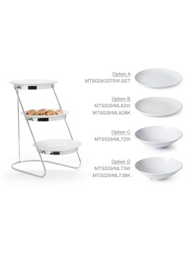 3-Tier Cascading Stand with 6 pieces of 2 qt. Round Bowl ML-73-W, (stand dimensions 11.25" x 17.75", 18.75" tall, 9" tier dia.)