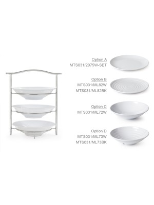 3-Tier Stand with 6 pieces of 2 qt. Round Bowl ML-72-W, (stand dimensions 14.25" x 8.25", 19.5'' tall, 8.25'' tier dia.)