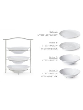 3-Tier Stand with 6 pieces of 2 qt. Round Bowl ML-73-W, (stand dimensions 14.25" x 8.25", 19.5'' tall, 8.25'' tier dia.)