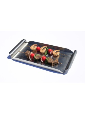 16.25" x 8.25" Stainless Steel Rectangular Tray w/ Brushed Finish and Curved Handles