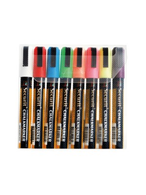 Securit Liquid chalkmarker coloured set of 8 - medium 2-6mm Nib - Wallet - white, red, blue, yellow, green, pink, orange, Violet Securit Liquid chalkmarker coloured set of 8 - medium 2-6mm Nib - Wallet - white, red, blue, yellow, green, pink, orange, Violet